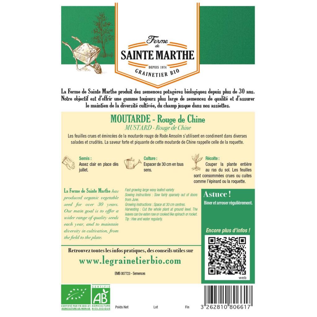 Organic Red Mustard seeds - Ferme de Sainte Marthe seeds - Brassica juncea