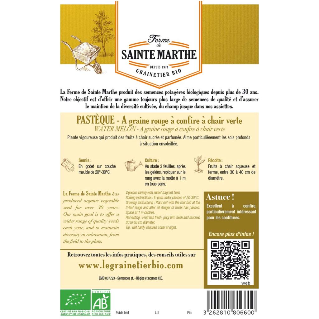 Organic Watermelon for Candying Green Flesh - Ferme de Sainte Marthe seeds - Citrullus lanatus