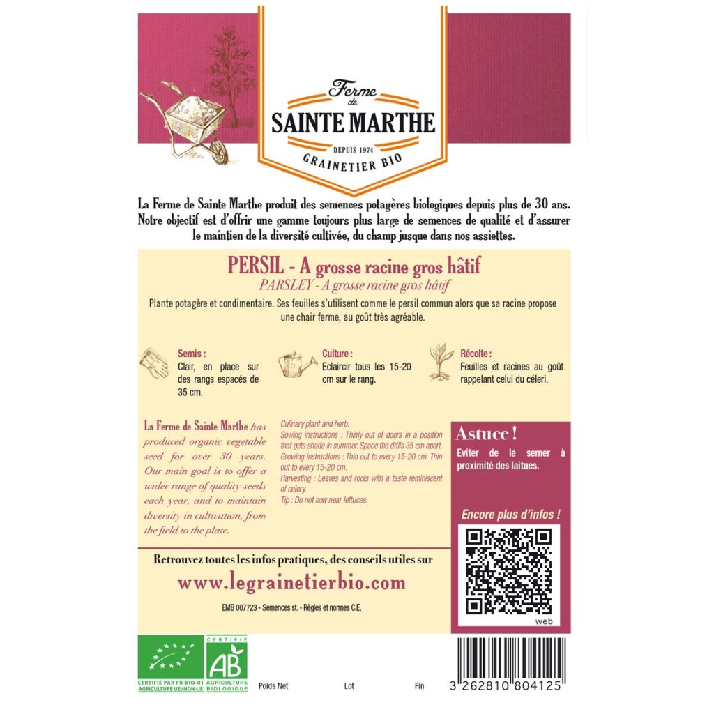 Organic Early Large Tuberous Parsley - Ferme de Sainte Marthe seeds