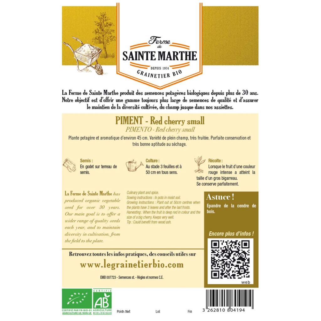 Chilli Pepper Red Cherry - Ferme de Sainte Marthe Seeds