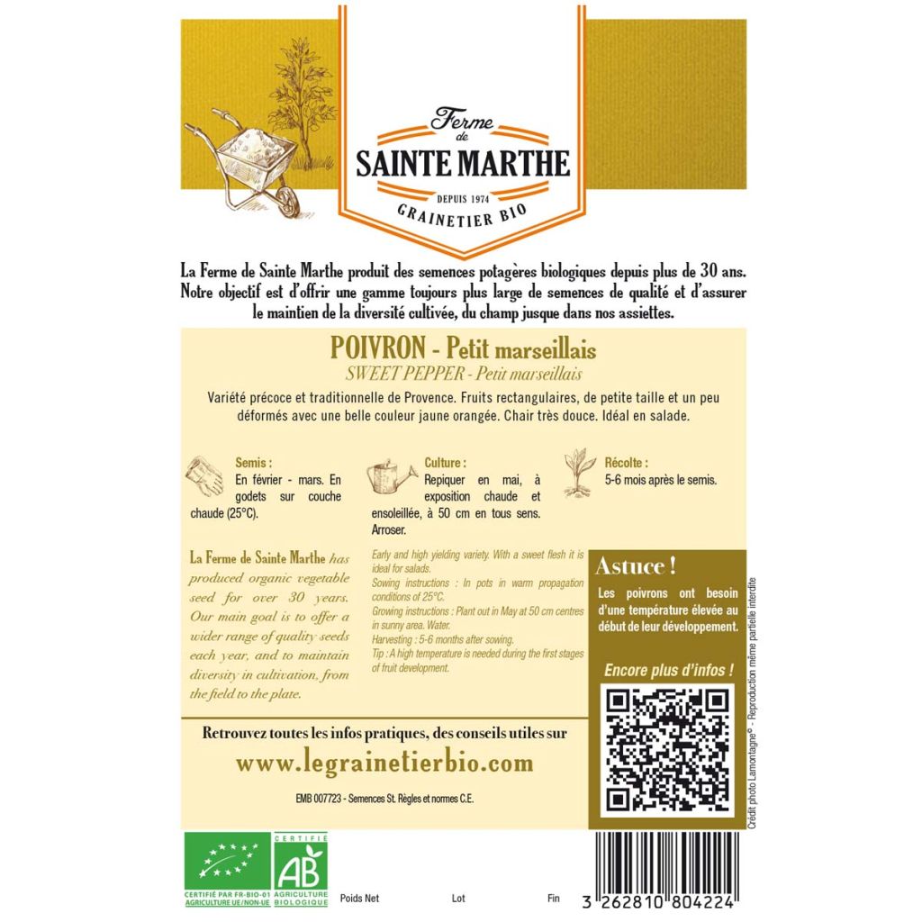 Sweet Pepper Petit Marseillais - Ferme de Sainte Marthe Seeds