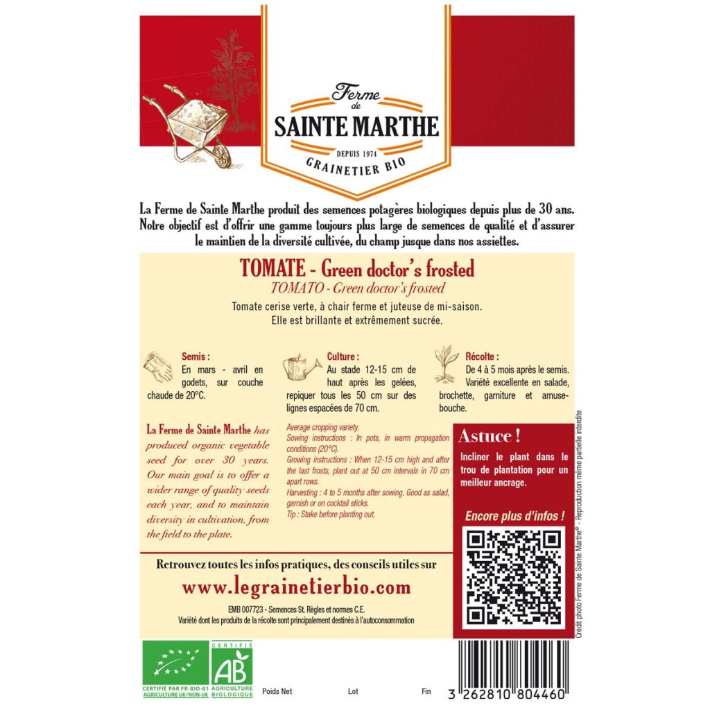 Green Doctors Frosted Organic Tomato - Ferme de Sainte Marthe seeds