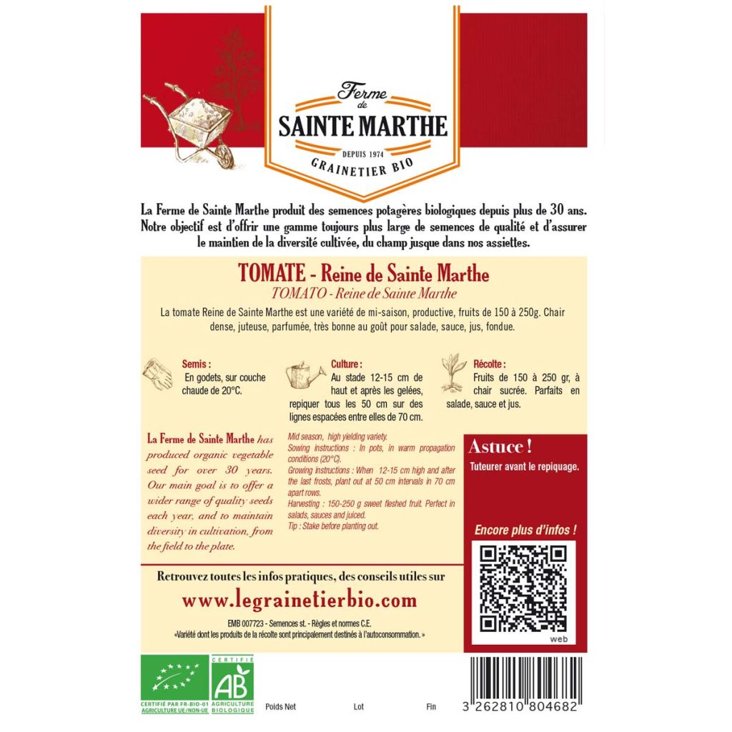 Reine de Sainte-Marthe Organic Tomato - Ferme de Sainte Marthe seeds